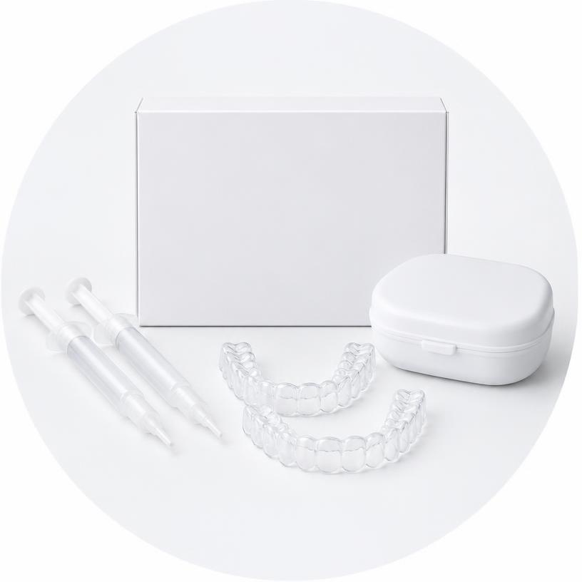 Illustrative whitening trays and retainers, not the specific campaign kit